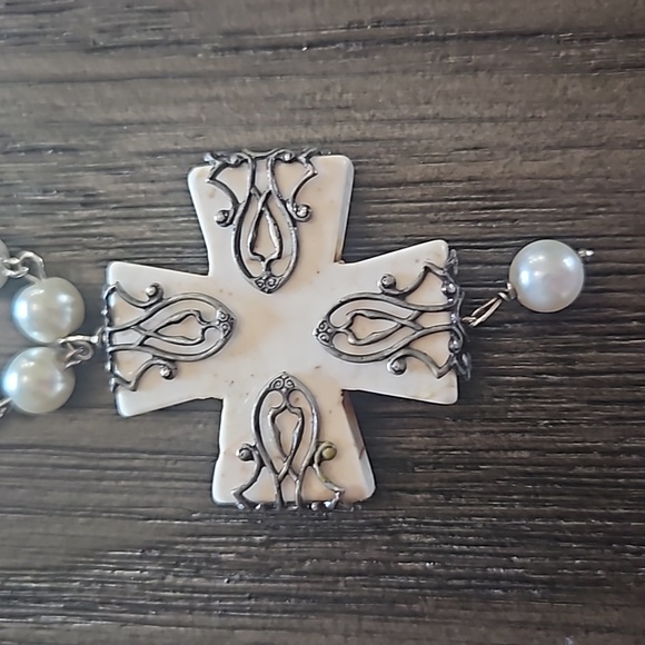 Cross Pendant Wrapped in a Metal Design on a Pearl Necklace - Picture 5 of 5